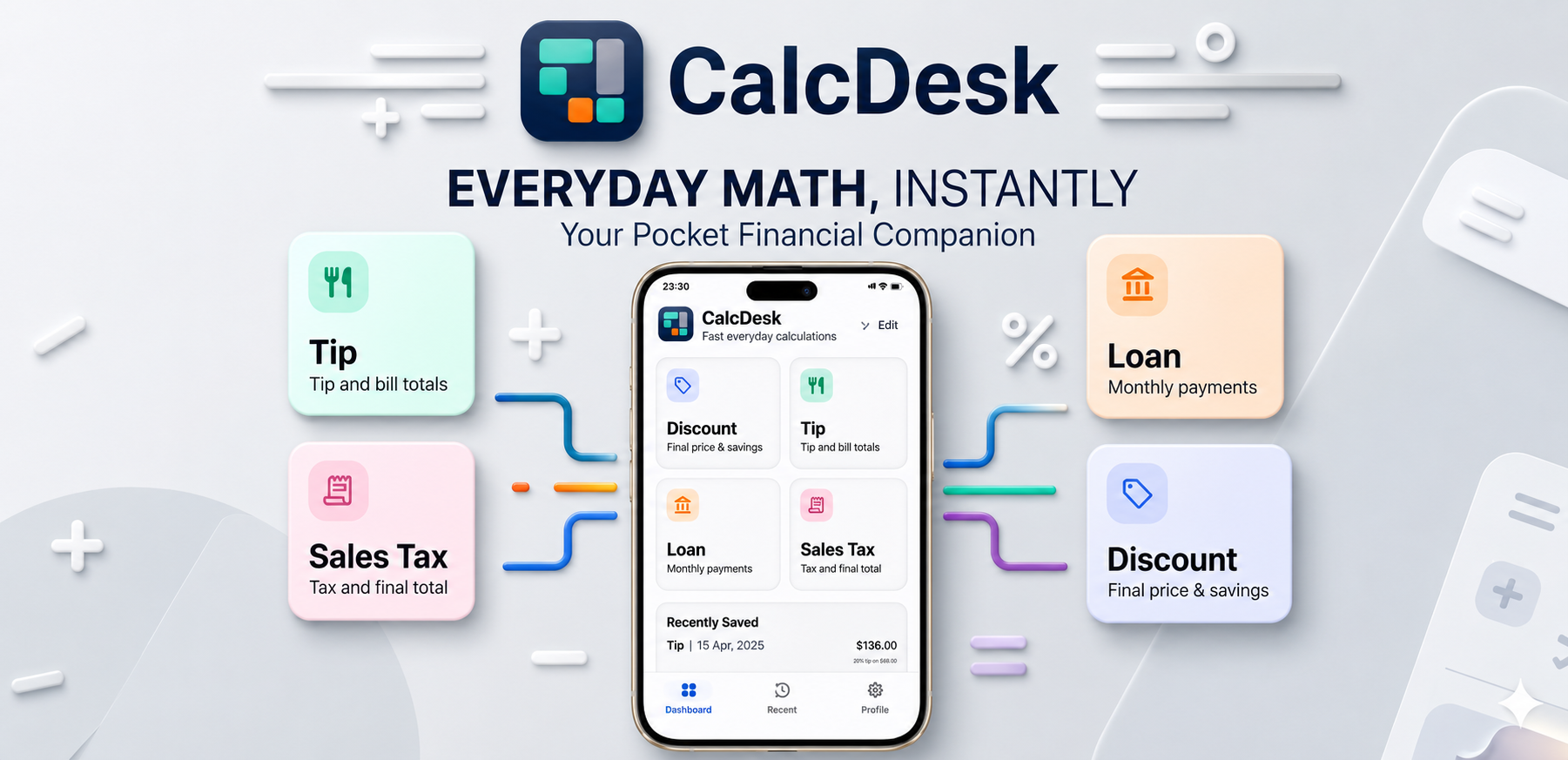 CalcDesk financial calculator showing tools for tips, loans, sales tax, and discounts