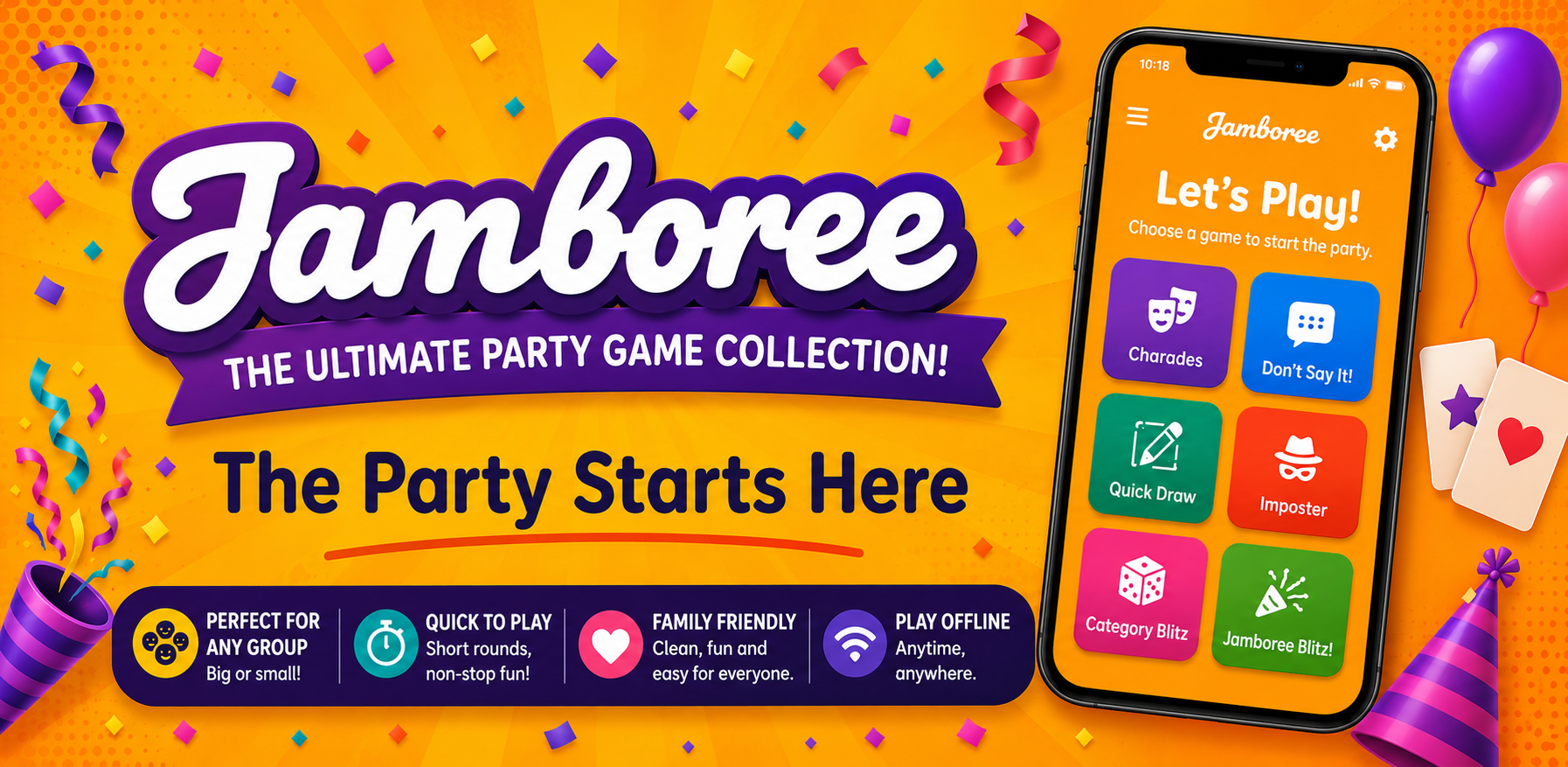 Jamboree party game collection featuring Charades, Don't Say It, Quick Draw, Imposter, Category Blitz, and Jamboree Blitz